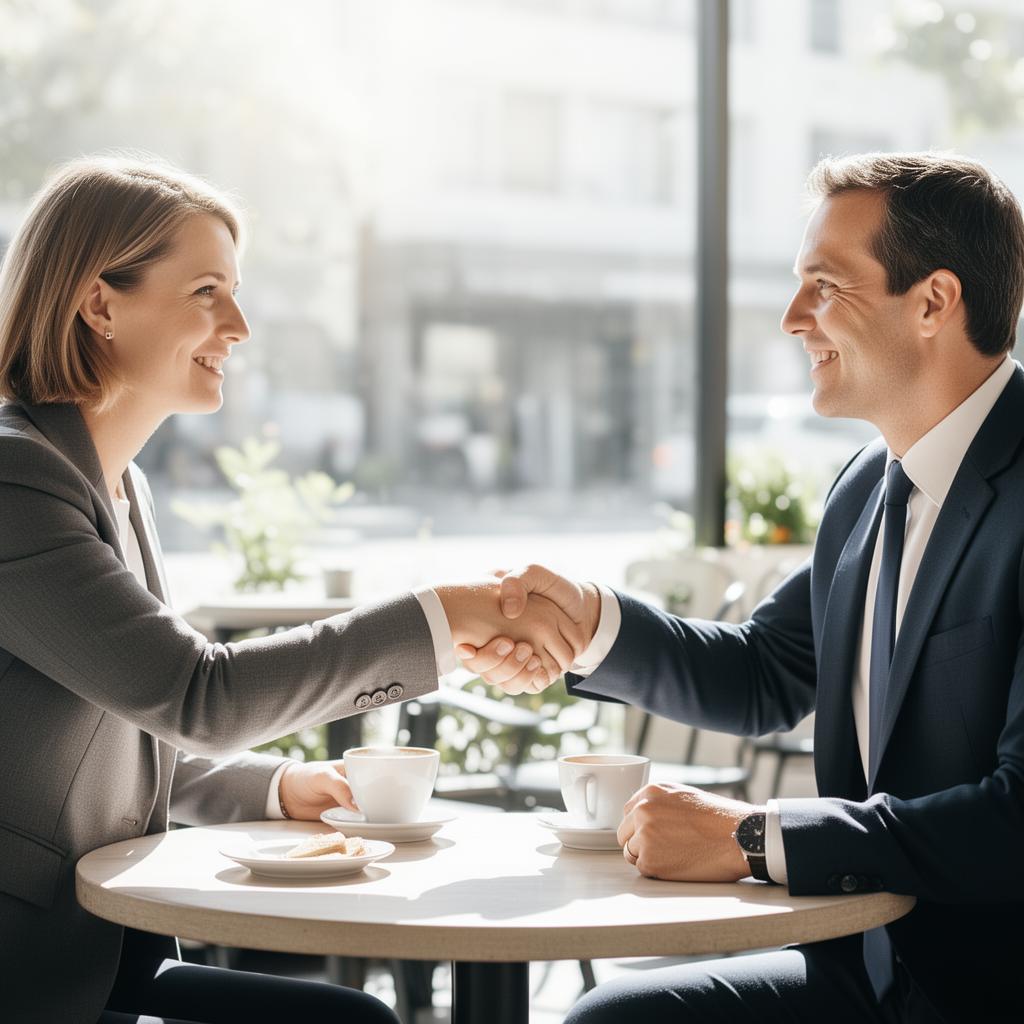 Two business owners shaking hands at a cafe